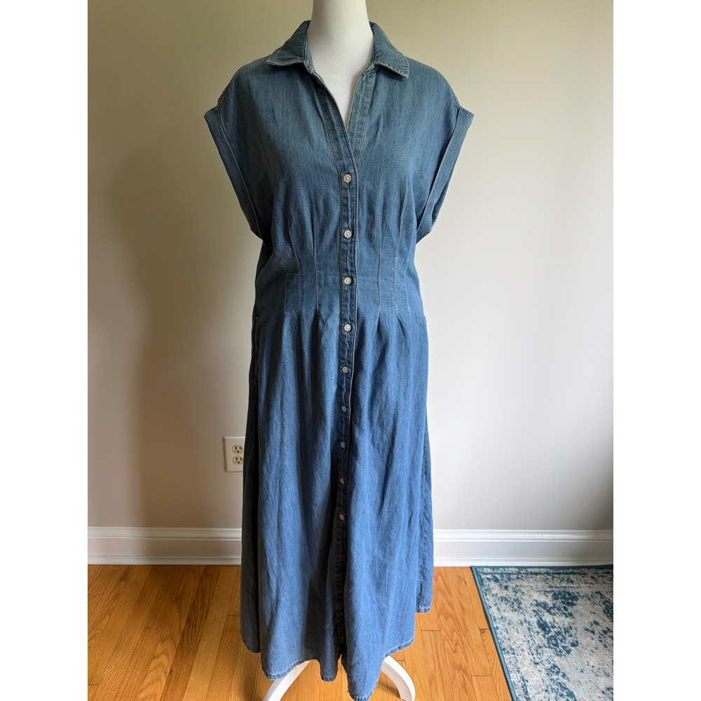 Gap Denim Midi Shirt Dress Medium Wash Blue Cotton Sleeveless Pleated Waist M - Picture 2 of 8